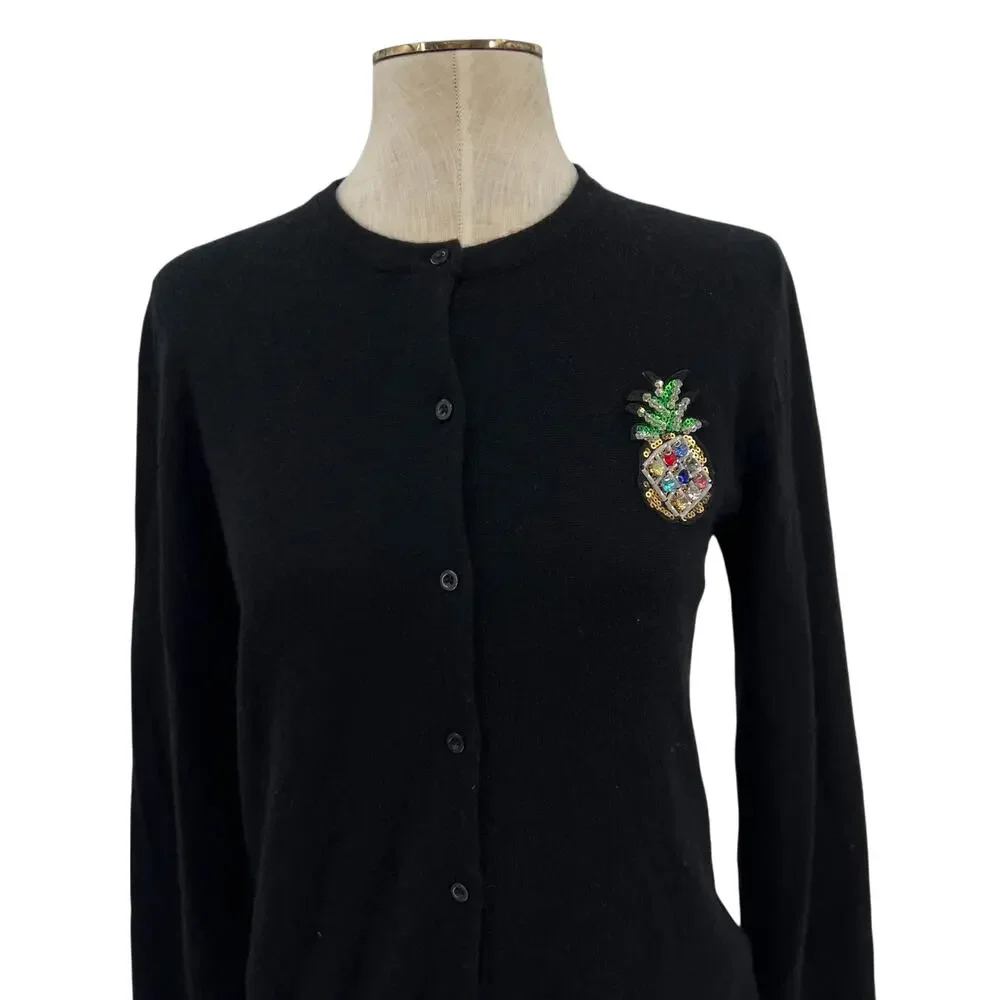 Le Superbe Embellished Cardigan Sweater Cashmere Pineapple Black‎ Size Medium